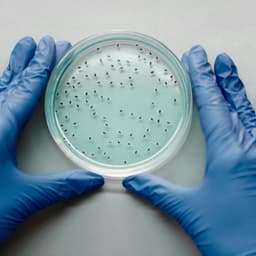 A person wearing purple blue gloves holding a cell culture plate on a table